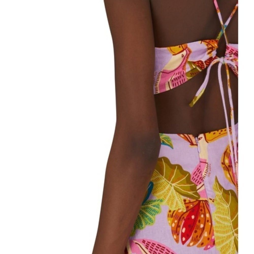 Farm Rio Lilac Beaks and Bananas Print Cutout Midi Dress Button Front Womens | M - Picture 12 of 16